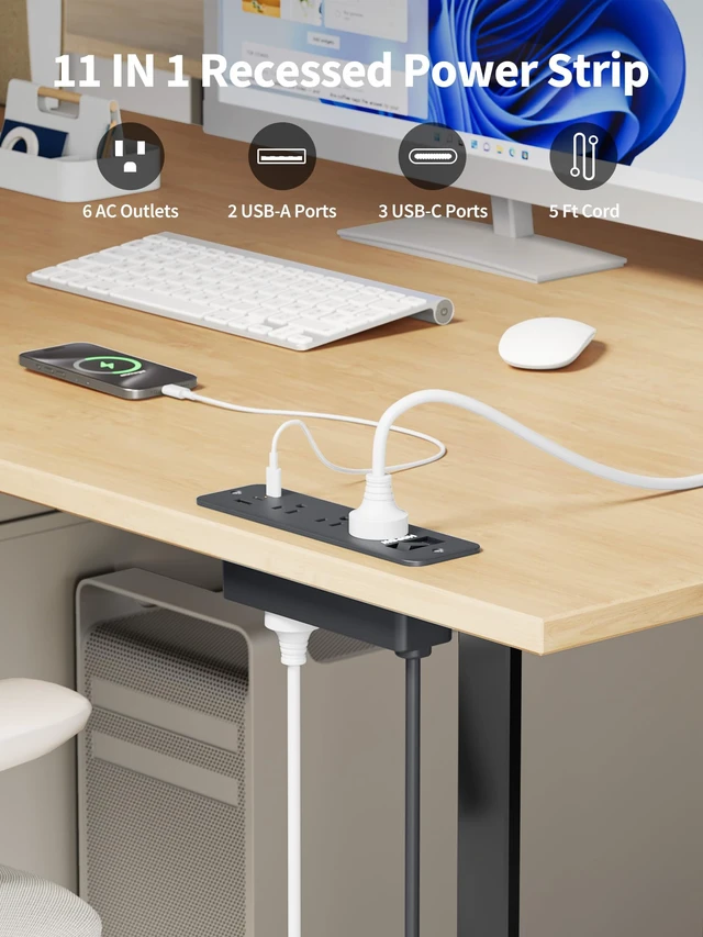 Alt view image 2 of 7 - Recessed Power Strip, 6 Outlets 5 USB (3 USB-C, 15W/3A Max), 5FT Flat Plug Flush mount power strip, desktop charging station for desk, nightstand, side table, 1875W/15A, 900J surge protection, Black