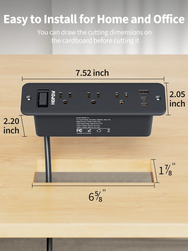 Alt view image 3 of 7 - Recessed Power Strip, 6 Outlets 5 USB (3 USB-C, 15W/3A Max), 5FT Flat Plug Flush mount power strip, desktop charging station for desk, nightstand, side table, 1875W/15A, 900J surge protection, Black