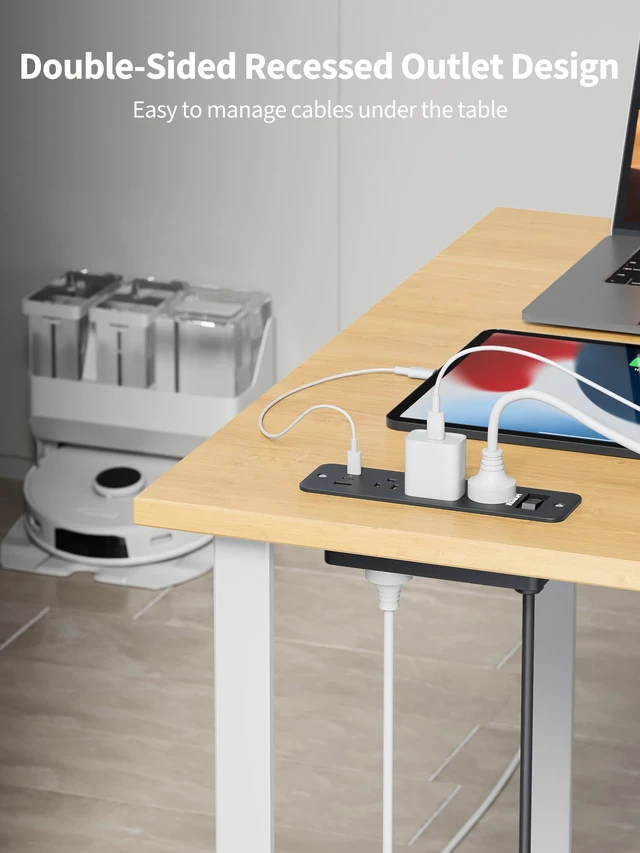 Alt view image 4 of 7 - Recessed Power Strip, 6 Outlets 5 USB (3 USB-C, 15W/3A Max), 5FT Flat Plug Flush mount power strip, desktop charging station for desk, nightstand, side table, 1875W/15A, 900J surge protection, Black