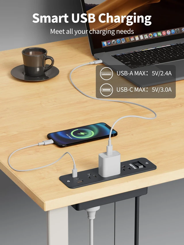 Alt view image 5 of 7 - Recessed Power Strip, 6 Outlets 5 USB (3 USB-C, 15W/3A Max), 5FT Flat Plug Flush mount power strip, desktop charging station for desk, nightstand, side table, 1875W/15A, 900J surge protection, Black