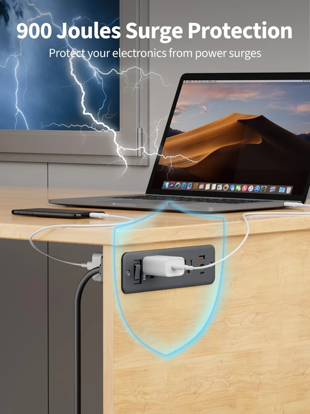Alt view image 7 of 7 - Recessed Power Strip, 6 Outlets 5 USB (3 USB-C, 15W/3A Max), 5FT Flat Plug Flush mount power strip, desktop charging station for desk, nightstand, side table, 1875W/15A, 900J surge protection, Black