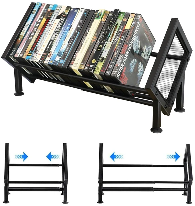 Main image of PUTNATRURE DVD Storage Rack, Expandable Video Game Shelf & Blu Ray Holder Holds 36 Cases, Desktop Media Bookshelf, Adjustable Width, Compact Disc Organizer, Metal Stand, Rubber Feet