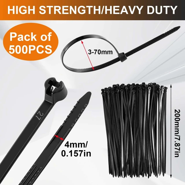 Alt view image 2 of 7 - 7 Inch 500 Pcs Black Zip Tie Cable Tie with Metal Tooth Self Locking Nylon Cable Zip Ties, 50 Lbs Tensile Strength, UV Resistant Wire Wraps Multi Purpose for Industrial Indoor Outdoor Use