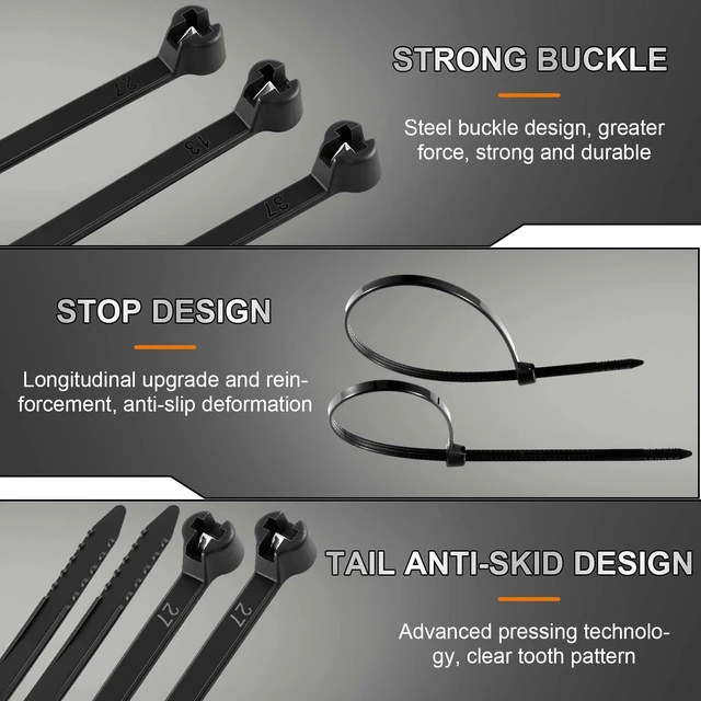 Alt view image 3 of 7 - 7 Inch 500 Pcs Black Zip Tie Cable Tie with Metal Tooth Self Locking Nylon Cable Zip Ties, 50 Lbs Tensile Strength, UV Resistant Wire Wraps Multi Purpose for Industrial Indoor Outdoor Use