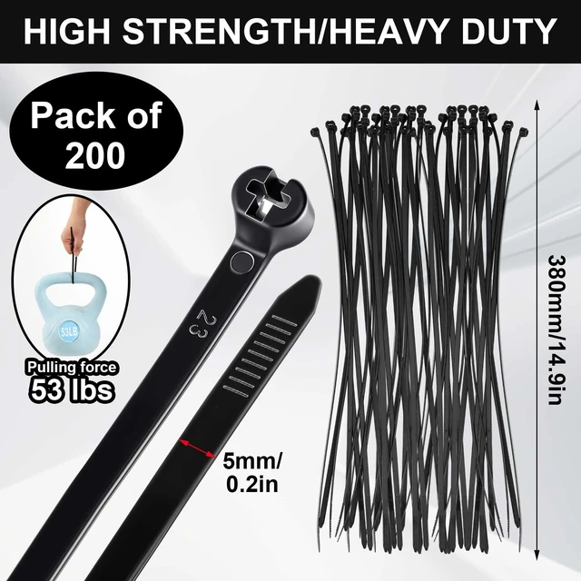 Alt view image 2 of 7 - 15 Inch 200 Pcs Black Zip Tie Cable Tie with Metal Tooth Self Locking
