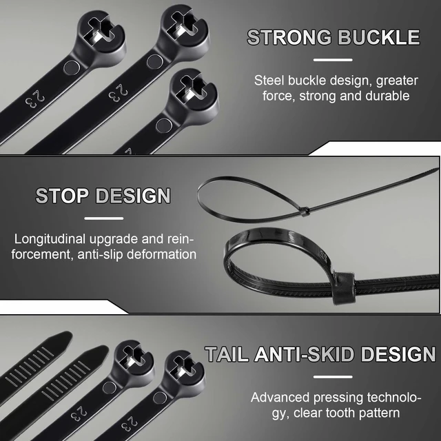Alt view image 3 of 7 - 15 Inch 200 Pcs Black Zip Tie Cable Tie with Metal Tooth Self Locking