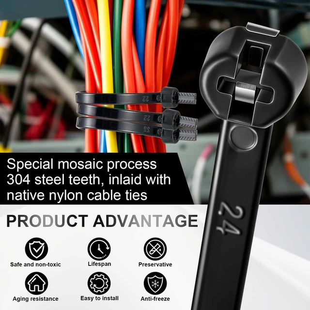 Alt view image 5 of 7 - 15 Inch 200 Pcs Black Zip Tie Cable Tie with Metal Tooth Self Locking