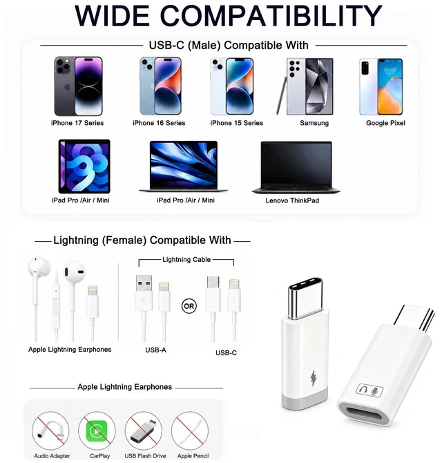 Alt view image 7 of 7 - USB C to Lightning Adapter for Headphone Audio & Fast Charging (New Set) 2 PACK Lightning Female to USB C Male Adapter, 1 x Audio Adapter for iPhone, 1 x Fast Charge Adapter Support Data Transfer