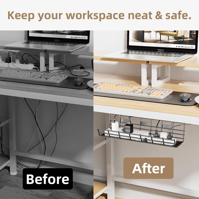 Alt view image 7 of 7 - 1 Pack Under Desk Cable Management Tray, Large Metal Cord Organizer, Office & Home Cord Wire Management Under Desk Shelf, Easy Install Pre-drilled Cable Organizer, Black
