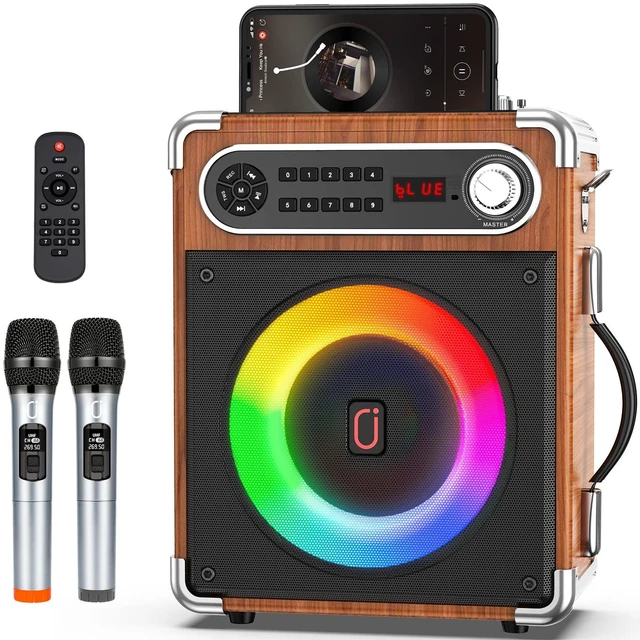 Main image of Bluetooth Speaker with Two Wireless Microphones, Outdoor Speaker with Subwoofer/Tweeter, Portable PA Speaker System with Remote Control, Discol Lights, FM, REC for Home, Party