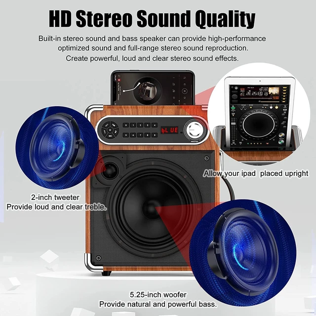 Alt view image 2 of 7 - Bluetooth Speaker with Two Wireless Microphones, Outdoor Speaker with Subwoofer/Tweeter, Portable PA Speaker System with Remote Control, Discol Lights, FM, REC for Home, Party