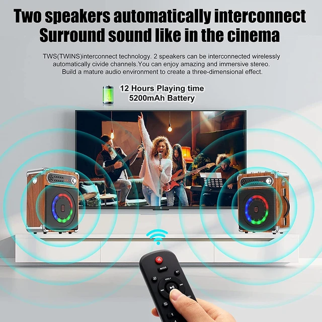 Alt view image 3 of 7 - Bluetooth Speaker with Two Wireless Microphones, Outdoor Speaker with Subwoofer/Tweeter, Portable PA Speaker System with Remote Control, Discol Lights, FM, REC for Home, Party