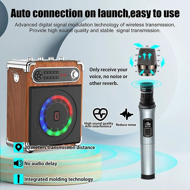 Alt view image 4 of 7 - Bluetooth Speaker with Two Wireless Microphones, Outdoor Speaker with Subwoofer/Tweeter, Portable PA Speaker System with Remote Control, Discol Lights, FM, REC for Home, Party
