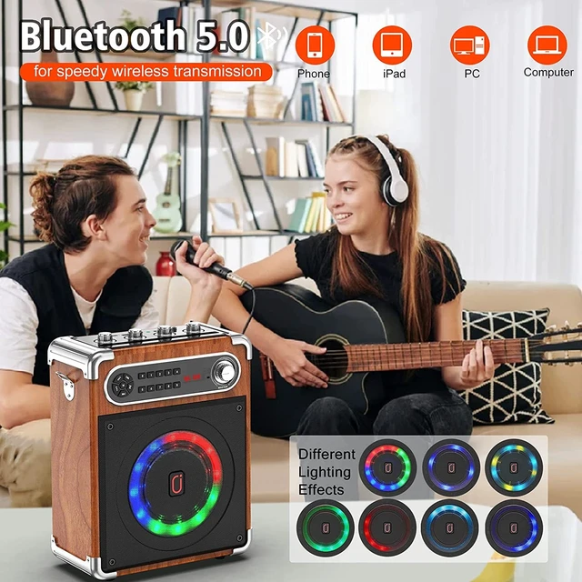 Alt view image 6 of 7 - Bluetooth Speaker with Two Wireless Microphones, Outdoor Speaker with Subwoofer/Tweeter, Portable PA Speaker System with Remote Control, Discol Lights, FM, REC for Home, Party
