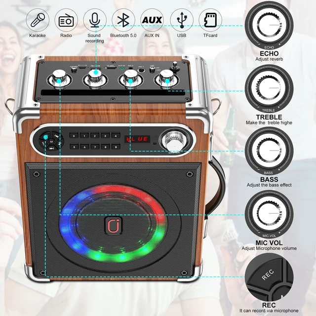 Alt view image 5 of 7 - Bluetooth Speaker with Two Wireless Microphones, Outdoor Speaker with Subwoofer/Tweeter, Portable PA Speaker System with Remote Control, Discol Lights, FM, REC for Home, Party