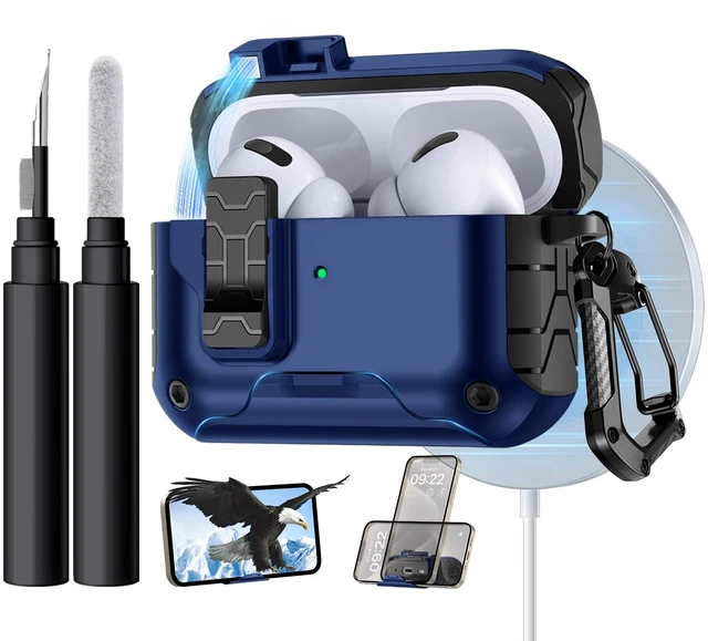 Main image of for AirPod Pro 2 Case with Secure Lock Compatible with Magsafe Phone Stand Design, Cleaner Kit & Keychain Included, Shockproof Cover Compatible with Apple AirPods Pro Case, Navy Blue