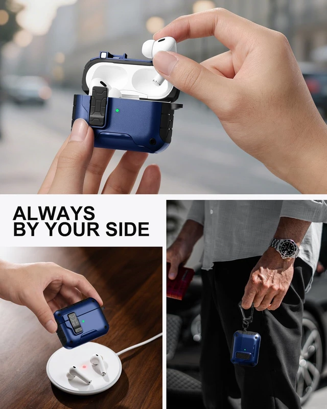 Alt view image 7 of 7 - for AirPod Pro 2 Case with Secure Lock Compatible with Magsafe Phone Stand Design, Cleaner Kit & Keychain Included, Shockproof Cover Compatible with Apple AirPods Pro Case, Navy Blue