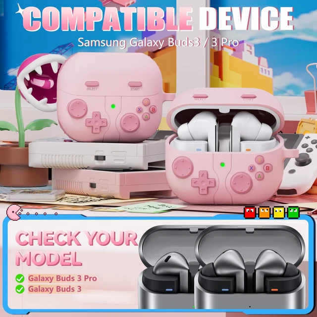 Alt view image 2 of 7 - Game Case for Samsung Galaxy Buds 3 FE(2025)/Buds 3 Pro Case 2024,Pink Soft Silicone Classic Game Player Design with 3D Button Cover for Buds Pro 3 Case with Cleaner Kit for Women Men,Shockproof