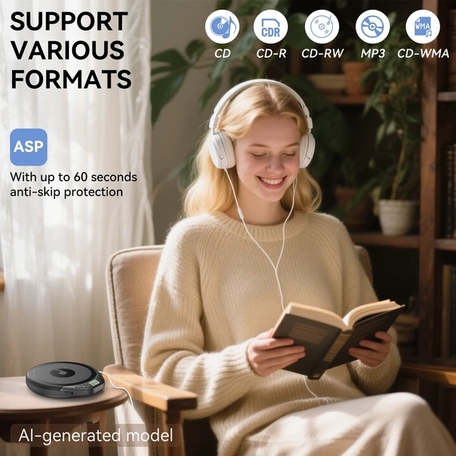 Alt view image 4 of 7 - Portable CD Player for Car: with Earphones Anti-Skip LCD Display Personal Disman Disc Player for Car & Sports Supports MP3 WMA PROG & Memory Function