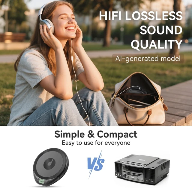 Alt view image 7 of 7 - Portable CD Player for Car: with Earphones Anti-Skip LCD Display Personal Disman Disc Player for Car & Sports Supports MP3 WMA PROG & Memory Function