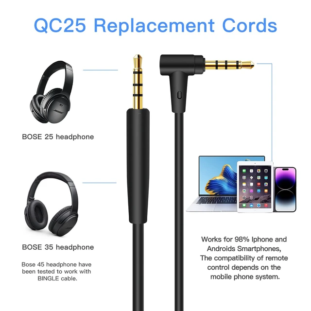 Alt view image 4 of 7 - Headphones Replacement Audio Cable Cord for Bose 700 QuietComfort Ultra QC45 QC35 35II QC25, OE2 & OE2i, JBL E45/55BT E65BTNC, 2.5mm to 3.5mm On-Ear Headphones Wire Inline Mic/Remote Control
