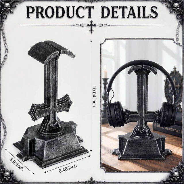 Alt view image 2 of 6 - Halloween Gothic Cross Headphone Stand Black Dark Headset Holder Decorative Gaming Headphone Display Stand Desk Accessory for Desk, Halloween, Gothic Room Decor