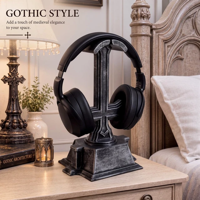 Alt view image 3 of 6 - Halloween Gothic Cross Headphone Stand Black Dark Headset Holder Decorative Gaming Headphone Display Stand Desk Accessory for Desk, Halloween, Gothic Room Decor