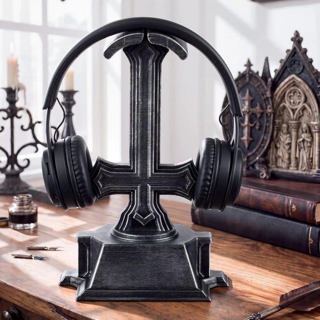 Alt view image 4 of 6 - Halloween Gothic Cross Headphone Stand Black Dark Headset Holder Decorative Gaming Headphone Display Stand Desk Accessory for Desk, Halloween, Gothic Room Decor