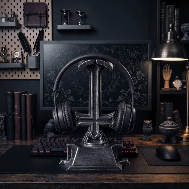 Alt view image 5 of 6 - Halloween Gothic Cross Headphone Stand Black Dark Headset Holder Decorative Gaming Headphone Display Stand Desk Accessory for Desk, Halloween, Gothic Room Decor
