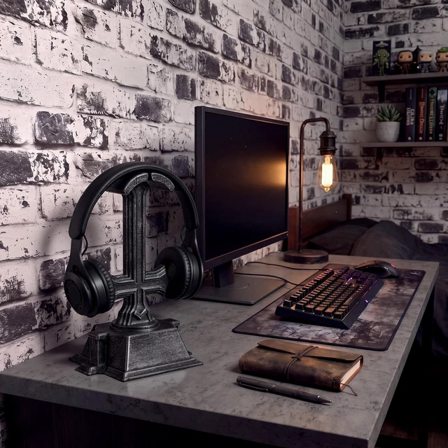 Alt view image 6 of 6 - Halloween Gothic Cross Headphone Stand Black Dark Headset Holder Decorative Gaming Headphone Display Stand Desk Accessory for Desk, Halloween, Gothic Room Decor