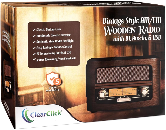 Alt view image 6 of 6 - Classic Vintage Retro Style AM/FM Radio with Bluetooth, Aux-in, & USB - Handmade Wooden Exterior Dark Brown