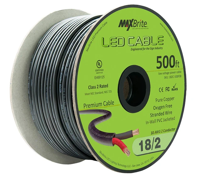 Alt view image 2 of 3 - 500 ft. 18AWG Low Voltage LED Cable 2 Conductor Black Sleeve in-Wall Speaker Wire UL/cUL Class 2