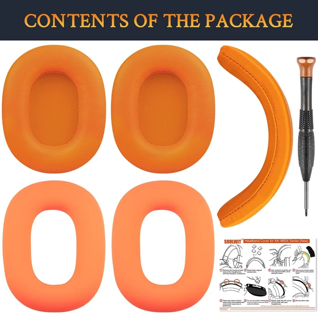 Alt view image 3 of 3 - Replacement Kit for ATH M50X - Orange (Ear Pads+Headband+Silicone Sweat Cover) for Audio Technica M50, M50X, M50XWH, M50XBT, M50XBT2, M50S/LE Headphones