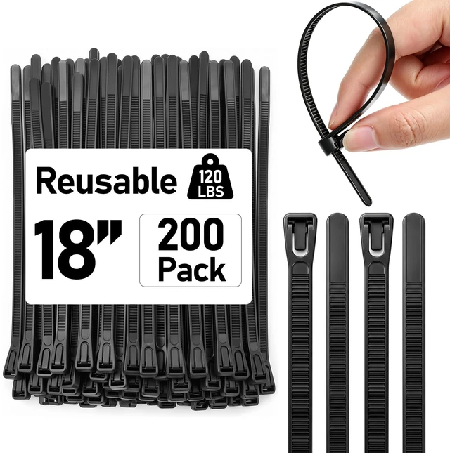 Main image of 200 Pcs 18 Inch Reusable Zip Ties Outdoor Heavy Duty 120lbs Industrial Releasable Tie Wraps, Recoverable Black Wire Ties, UV Resistant, for Home Office Garden Patio& Wire Management