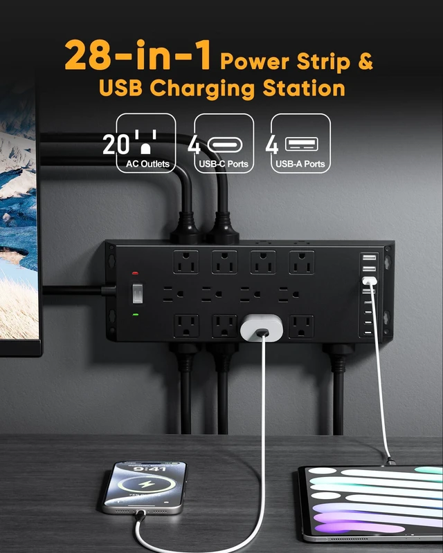Alt view image 2 of 7 - 4800J Surge Protector Power Strip, 10ft Long Extension Cord 20 AC Outlets, 8 USB Charging Station, Wall Mountable for Office Workshop