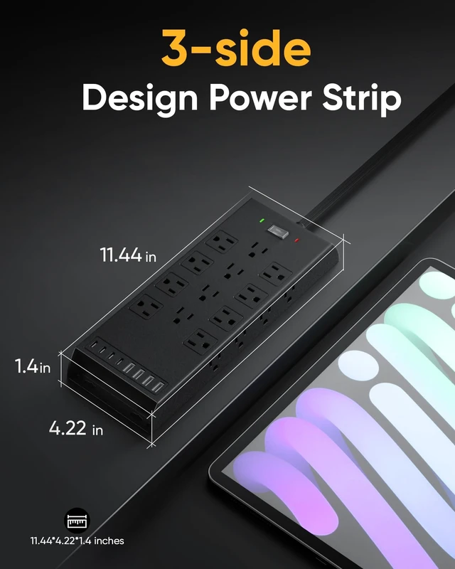 Alt view image 5 of 7 - 4800J Surge Protector Power Strip, 10ft Long Extension Cord 20 AC Outlets, 8 USB Charging Station, Wall Mountable for Office Workshop