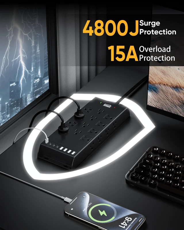 Alt view image 4 of 7 - 4800J Surge Protector Power Strip, 10ft Long Extension Cord 20 AC Outlets, 8 USB Charging Station, Wall Mountable for Office Workshop