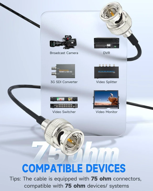 Alt view image 7 of 7 - 3G SDI Cable 75 Ohm BNC Male to Male Black RG179 SDI Video Cable 12inch for Professional Camcorders, Supports HD-SDI/3G-SDI/4K/8K (2-Pack)