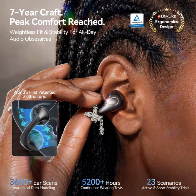 Alt view image 6 of 7 - Air Open Ear Clip-on EarbudsZero-Gravity Wearable TechButterfly Ultra Comfortable Patented 0-Pressure 4.7g Certified Hi-Res LDAC 9H/70H Playtime Al Clear Calls No Sound Leakage