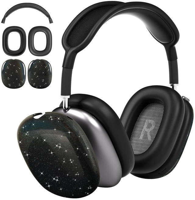 Main image of TPU Case Cover for AirPods Max Headphones, Black Glitter Starry TPU Ear Cups Case, Ear Pads, Headband Silicone Cover, Compatible with Apple AirPod Max Accessories Protector