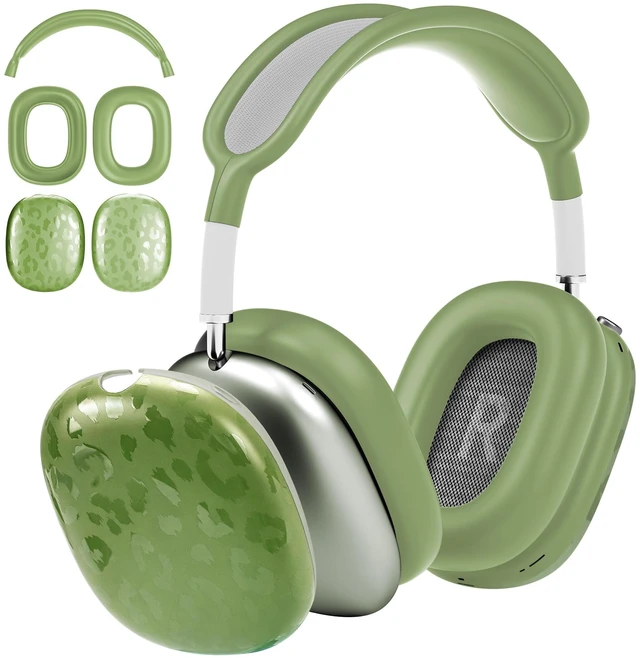 Main image of TPU Case Cover for AirPods Max Headphones, Green Leopard TPU Ear Cups Case, Ear Pads, Headband Silicone Cover, Compatible with Apple AirPod Max Accessories Protector