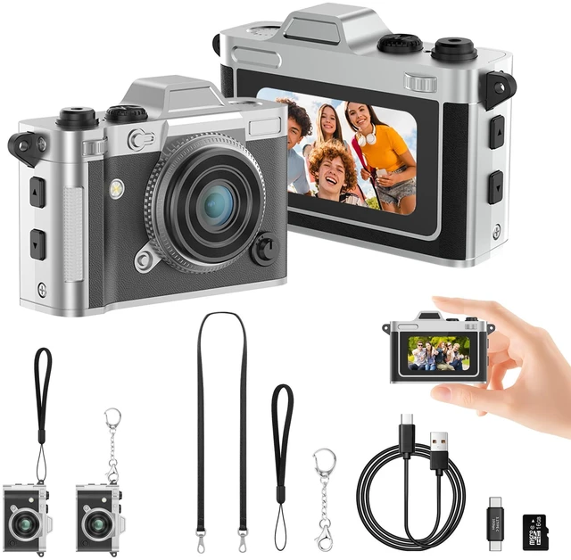 Main image of Retro Mini Digital Camera Keychain, 2K HD, 16GB Card, Black Leather-Wrapped Zinc Alloy Body, 2MP Photos, Built-In Flash, 6 Color Filters, OTG Transfer, For Travel, Vlogging And Memories