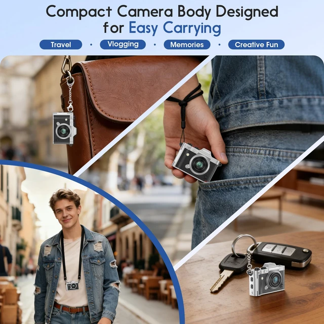 Alt view image 5 of 7 - Retro Mini Digital Camera Keychain, 2K HD, 16GB Card, Black Leather-Wrapped Zinc Alloy Body, 2MP Photos, Built-In Flash, 6 Color Filters, OTG Transfer, For Travel, Vlogging And Memories