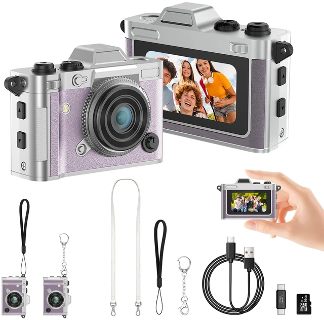 Main image of Retro Mini Digital Camera Keychain, 2K HD, 16GB Card, Purple Leather-Wrapped Zinc Alloy Body, 2MP Photos, Built-In Flash, 6 Color Filters, OTG Transfer, For Travel, Vlogging And Memories