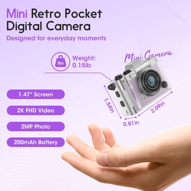 Alt view image 2 of 7 - Retro Mini Digital Camera Keychain, 2K HD, 16GB Card, Purple Leather-Wrapped Zinc Alloy Body, 2MP Photos, Built-In Flash, 6 Color Filters, OTG Transfer, For Travel, Vlogging And Memories