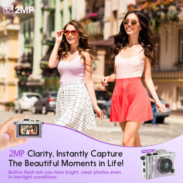 Alt view image 3 of 7 - Retro Mini Digital Camera Keychain, 2K HD, 16GB Card, Purple Leather-Wrapped Zinc Alloy Body, 2MP Photos, Built-In Flash, 6 Color Filters, OTG Transfer, For Travel, Vlogging And Memories