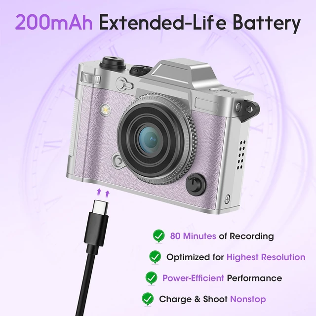 Alt view image 6 of 7 - Retro Mini Digital Camera Keychain, 2K HD, 16GB Card, Purple Leather-Wrapped Zinc Alloy Body, 2MP Photos, Built-In Flash, 6 Color Filters, OTG Transfer, For Travel, Vlogging And Memories
