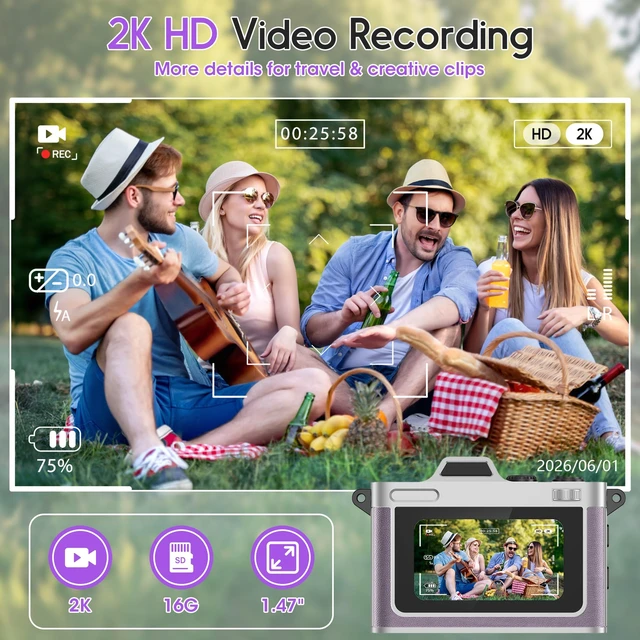 Alt view image 4 of 7 - Retro Mini Digital Camera Keychain, 2K HD, 16GB Card, Purple Leather-Wrapped Zinc Alloy Body, 2MP Photos, Built-In Flash, 6 Color Filters, OTG Transfer, For Travel, Vlogging And Memories