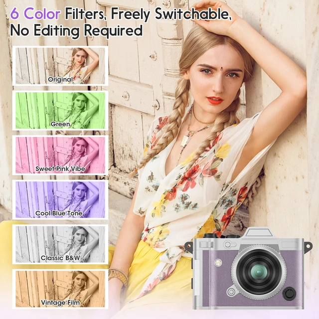 Alt view image 5 of 7 - Retro Mini Digital Camera Keychain, 2K HD, 16GB Card, Purple Leather-Wrapped Zinc Alloy Body, 2MP Photos, Built-In Flash, 6 Color Filters, OTG Transfer, For Travel, Vlogging And Memories