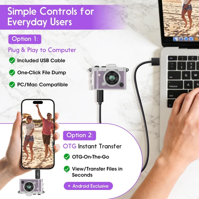 Alt view image 7 of 7 - Retro Mini Digital Camera Keychain, 2K HD, 16GB Card, Purple Leather-Wrapped Zinc Alloy Body, 2MP Photos, Built-In Flash, 6 Color Filters, OTG Transfer, For Travel, Vlogging And Memories